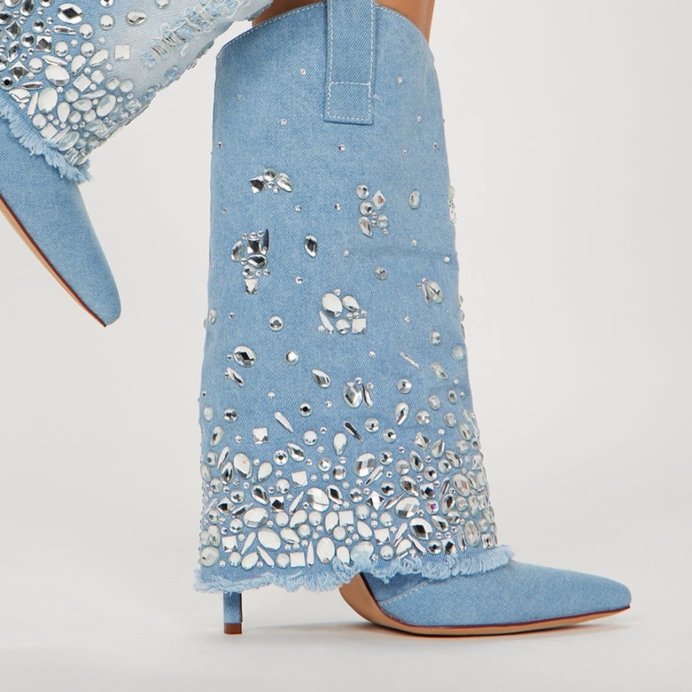 Light Wash Denim Rhinestone Cowgirl Bootie